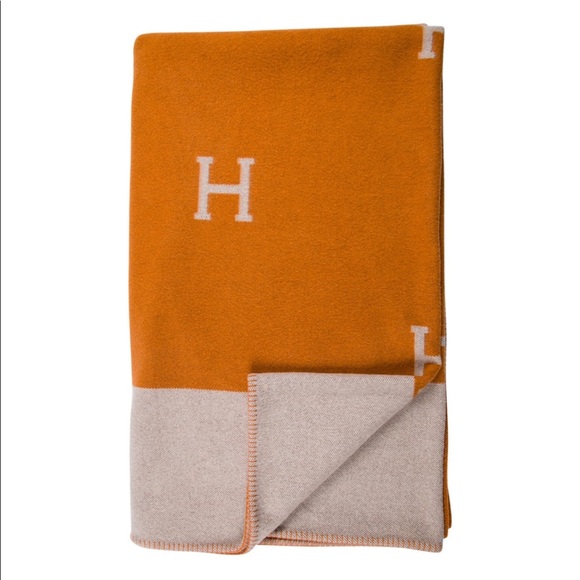 Hermès AVALON ORANGE &grey wool & cashmere blanket - Picture 2 of 8